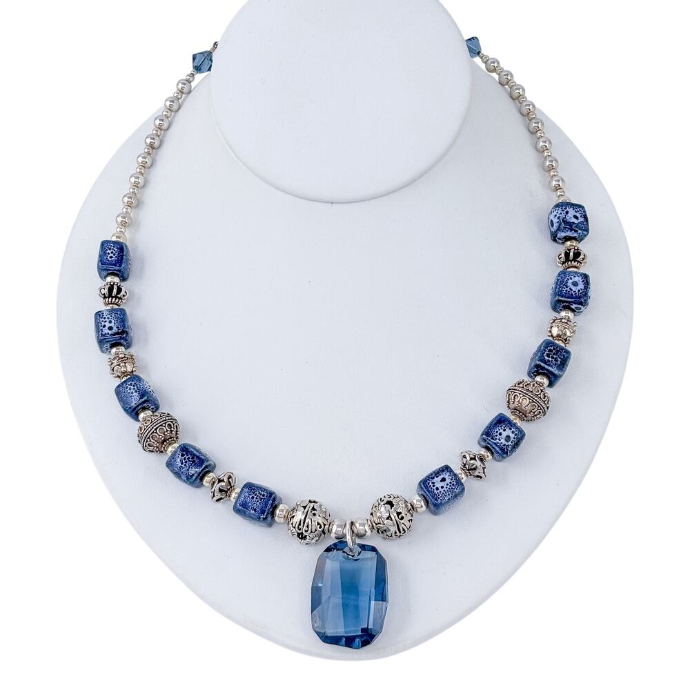 Estate Sterling Silver 925 Porcelain Blue Swarovski Necklace 17.5"-19.5"